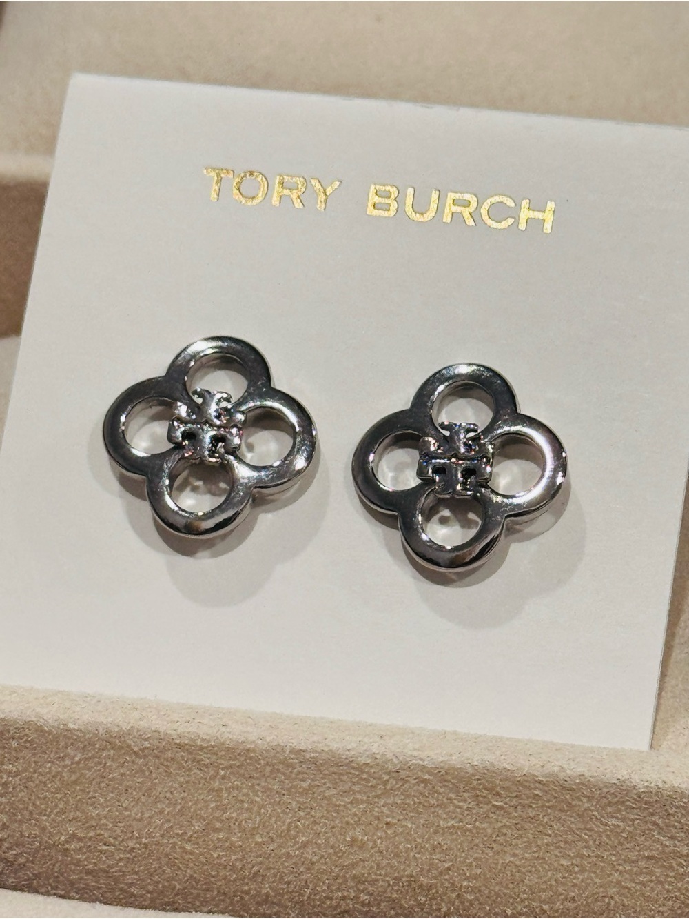 Tory Burch Silver Tone Clover Flower Logo Stud Earrings